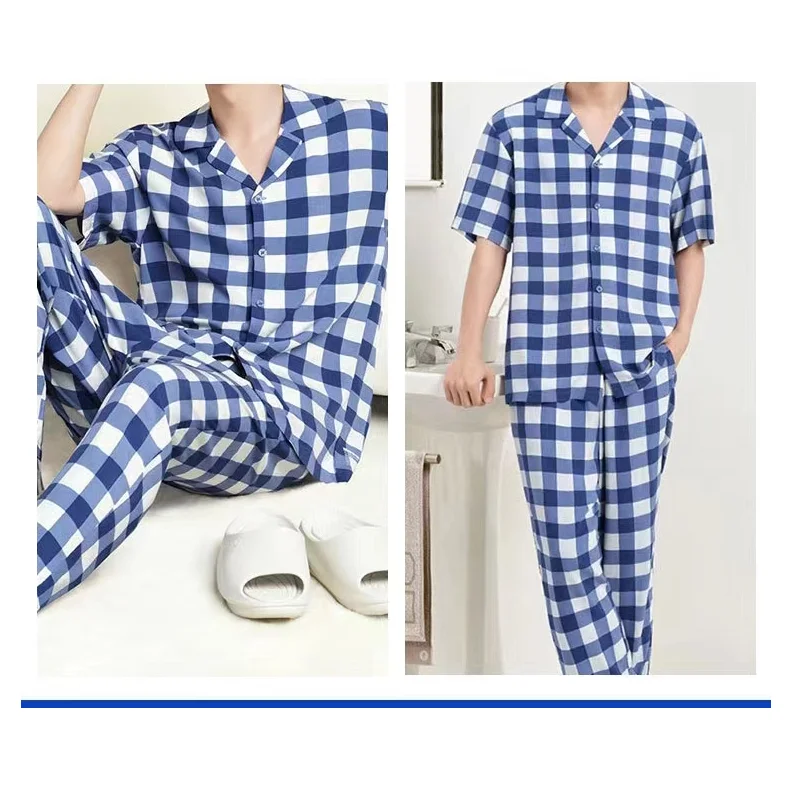 Men\'s Summer Two-Piece Pajamas Men\'s Cotton Short-Sleeved Trousers Cardigan Plaid Cool Simple Loose Large Size Homewear Suit