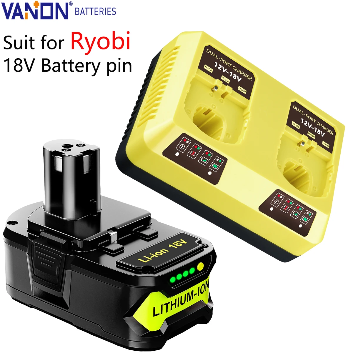 

Vanon P108 8.0Ah 18V MAX Llithium Battery and P117 18V Fast Dual Charger P105 P122 Series Tools to Replace for Ryobi Battery pin