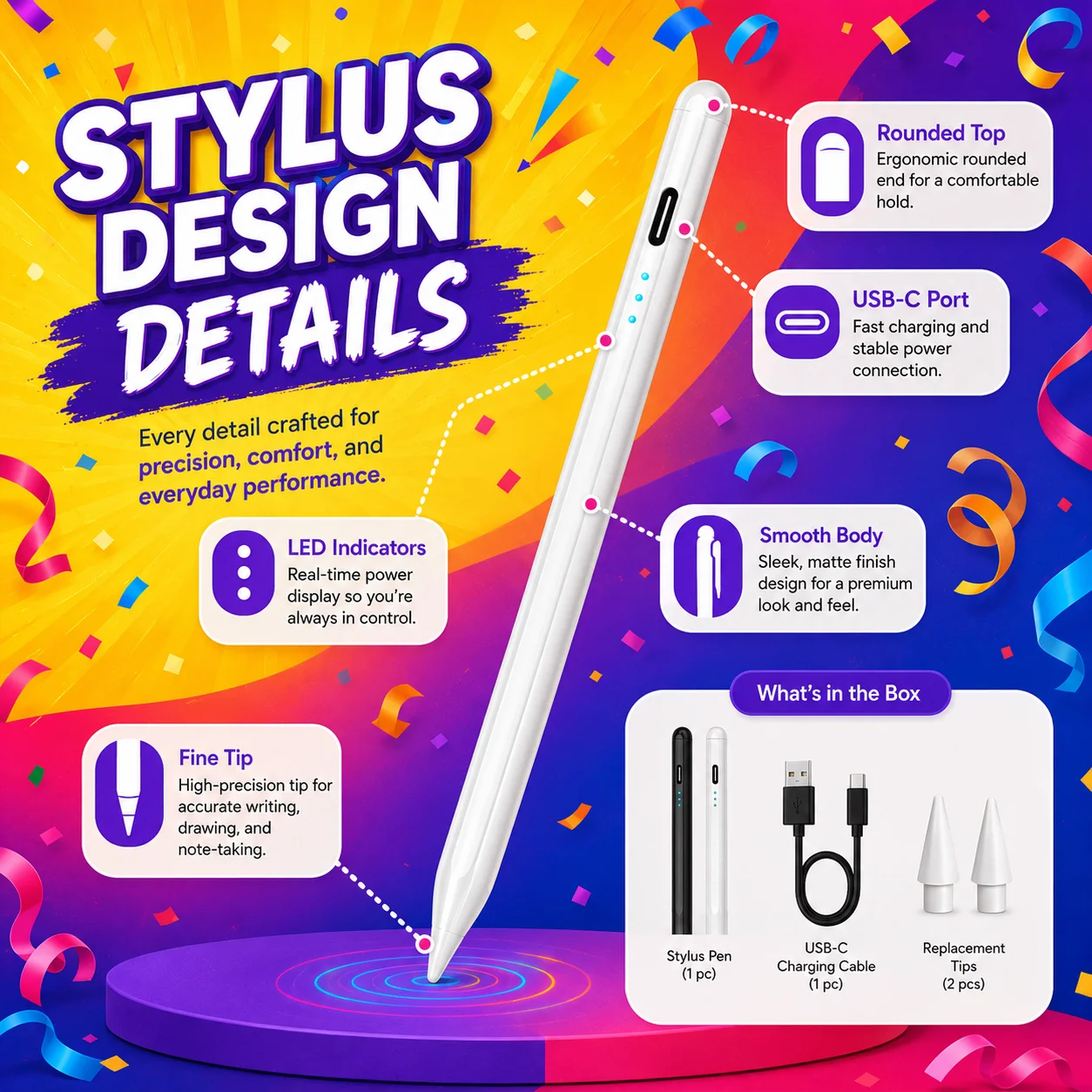 3 LED Stylus Pen for Android & iOS Tablets, Universal Touch Screen Pencil, Palm-Friendly Writing Drawing