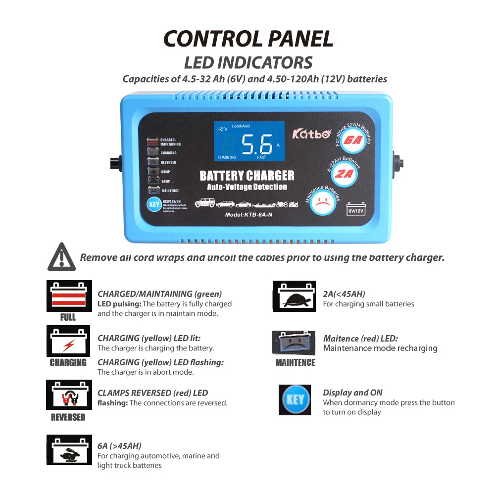 6V 12V Smart Car Automotive Battery Charger Automatic Rechargeable Lead Acid Battery Power Charging Tool 2A 6A DC EU Plug 220V