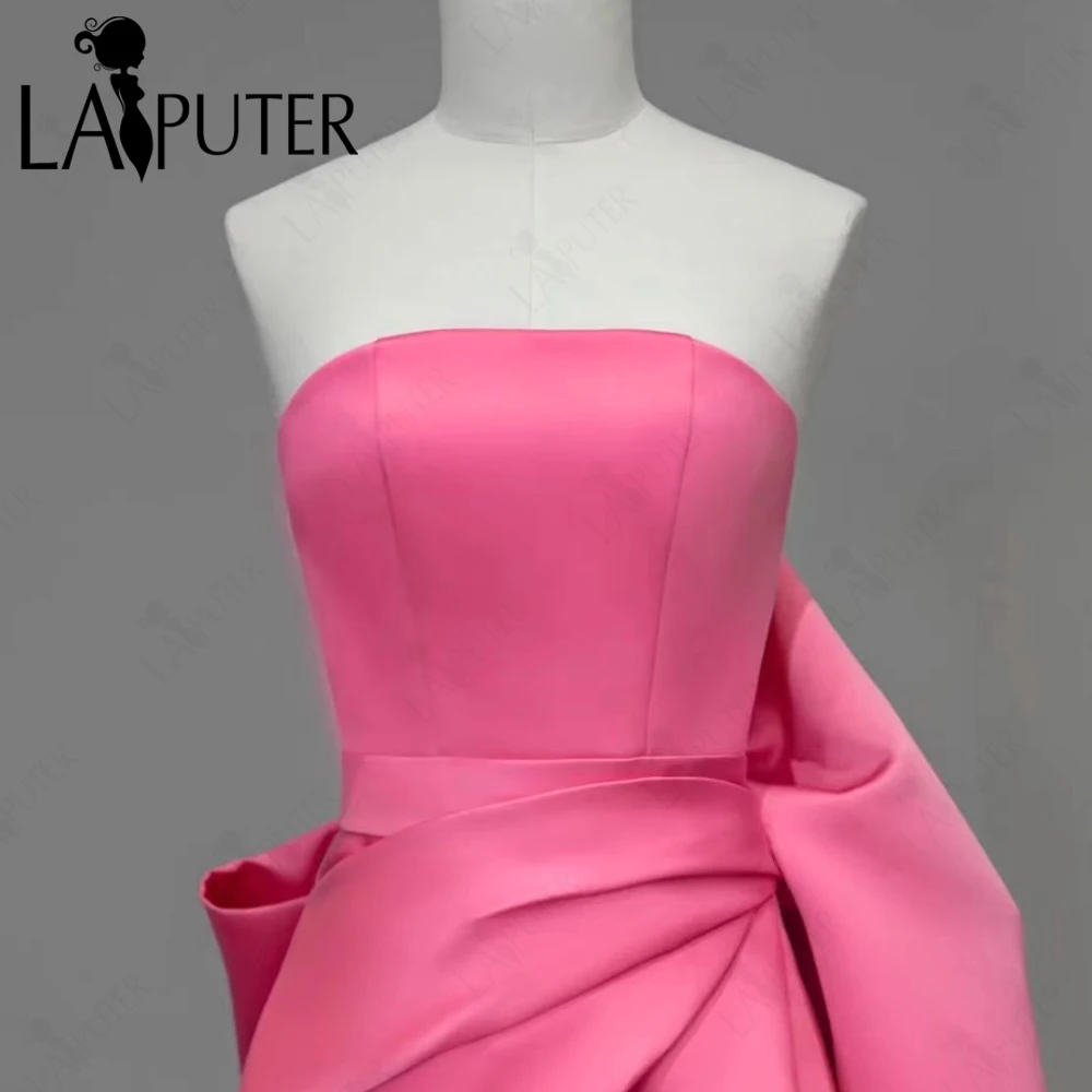 Plain Pink Satin Girl Prom Dresses Strapless A line Long Evening Gown Ruched Back Detachable Big Bow Knot Cute Celebrity Dress