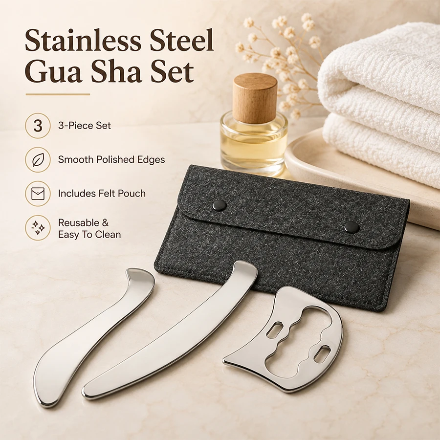 3Pcs Stainless Steel Gua Sha Tools Set, Body Muscle Scraping Massage Board with Felt Storage Pouch for Physical Therapy Relax