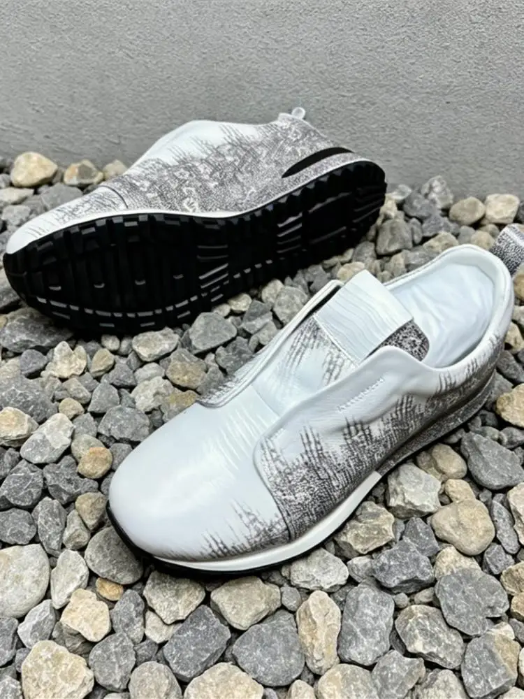 Retro Lizard Skin Solid Color Round Toe Male Daily Wearing Sneakers Breathable Genuine Leather Elastic Band Casual Shoes