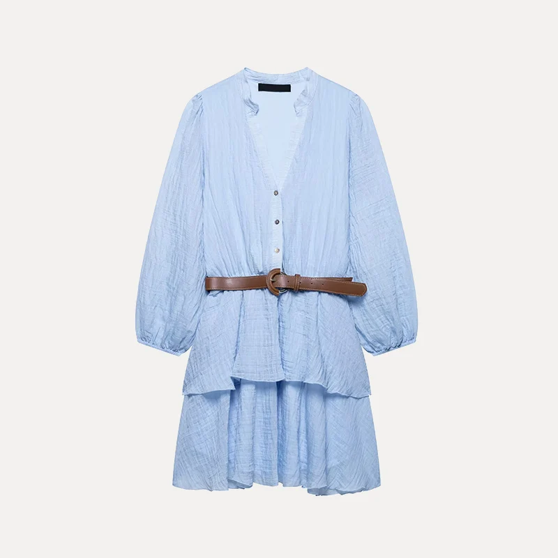 Vestido com Decote em V e Cinto Decoração em Camadas Primavera 2025 Nova Moda Fena Z Fibra de Poliéster 00% Peça Única