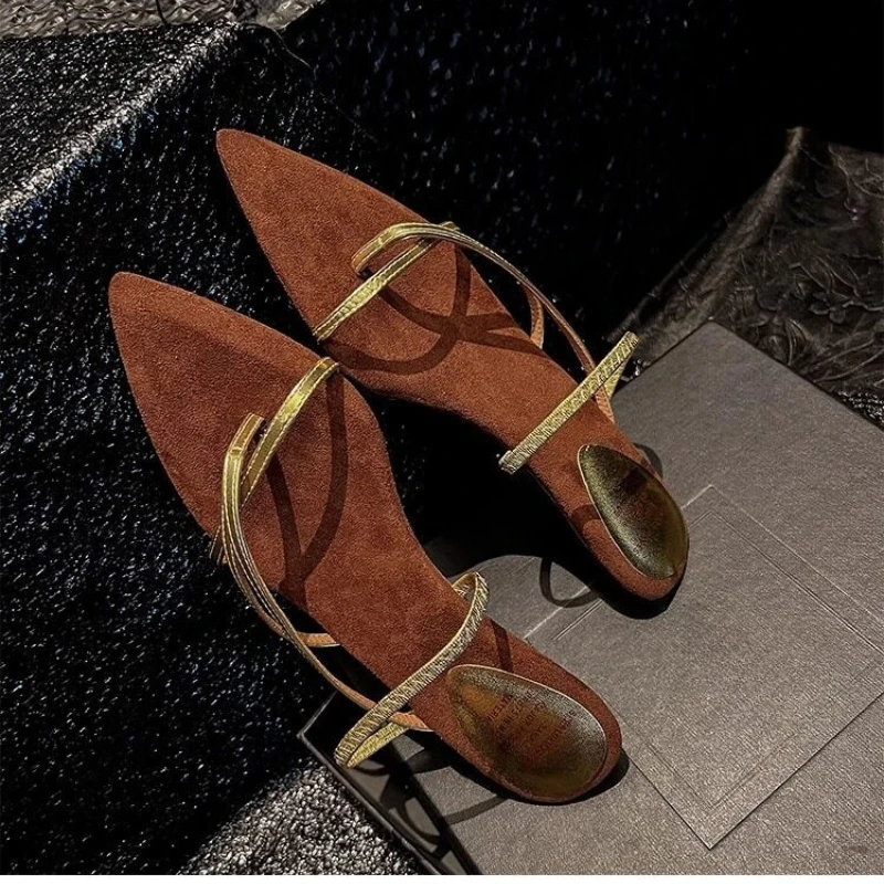 

Fashion Pointed Toe Low Heel Sandals for Women Slim Narrow Design Sexy Cross Straps Elegant Footwear Suitable for Prom Party