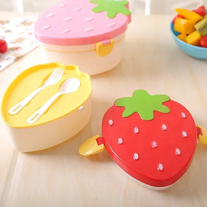 Kids Cute Strawberry Shape Lunch Box With Fork Spoon 2 Layer Food Grade Large Capacity Food Fruit Storage Bento Box