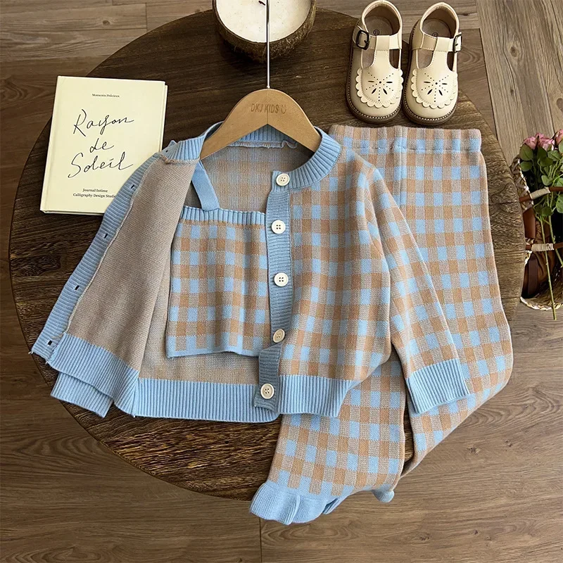 Sweaters Jackets+Vests+pants Kids Children Fashion Clothes 2025 Baby Girls Autumn Winter Clothing Set Knit 3pcs Plaid Suits