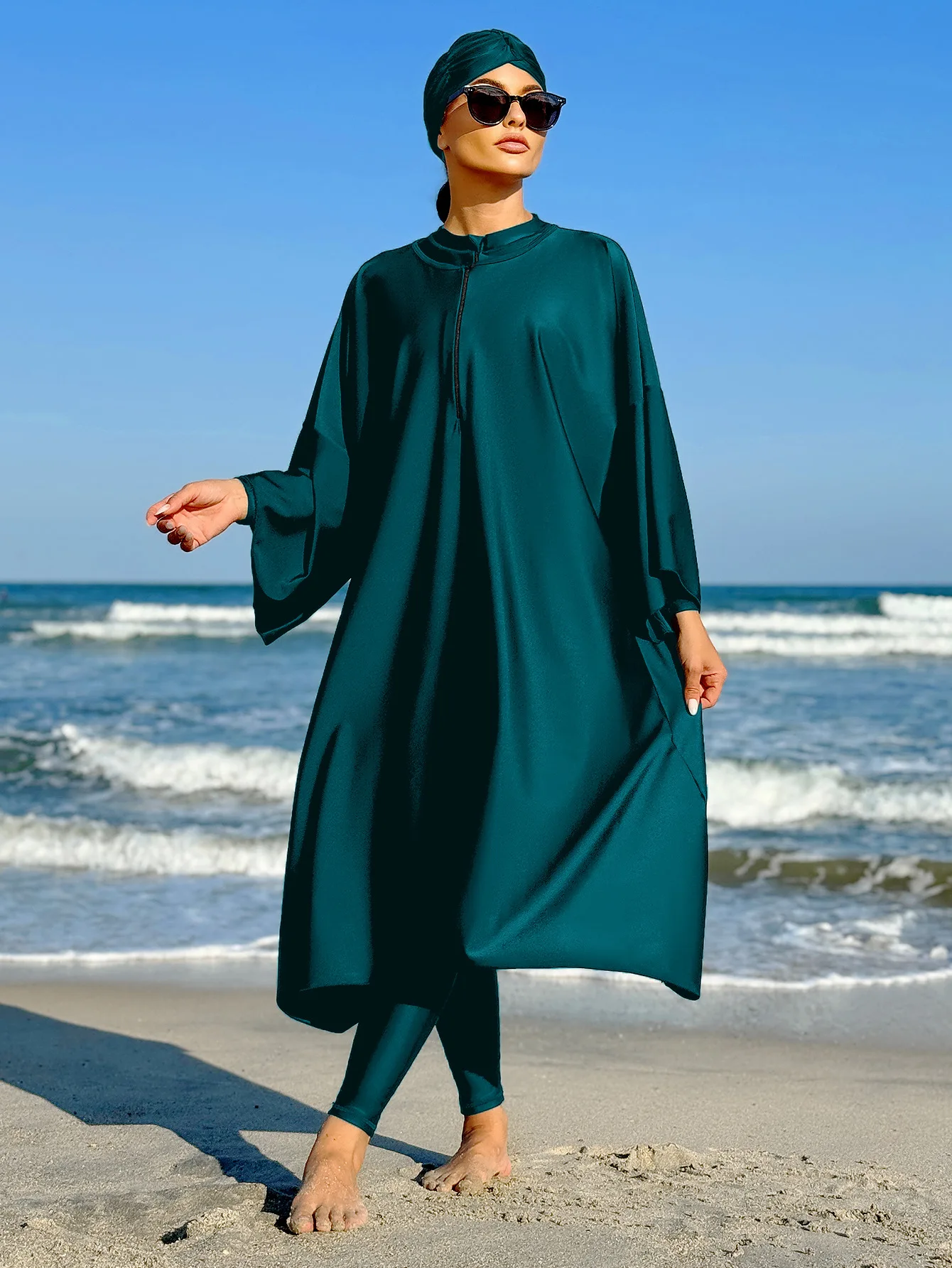 Modest Swimwear Royal Green swimsuit Loose Swimwear for Women solid color long sleeved Robe and one-piece swimwear with Hijab
