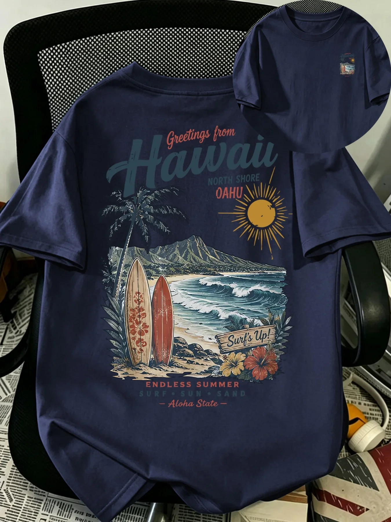 Men's Hawaii Surf T Shirt 100% Cotton Tropical Beach Palm Tree Graphic Print Vintage Vacation Streetwear Oversized Summer Tee