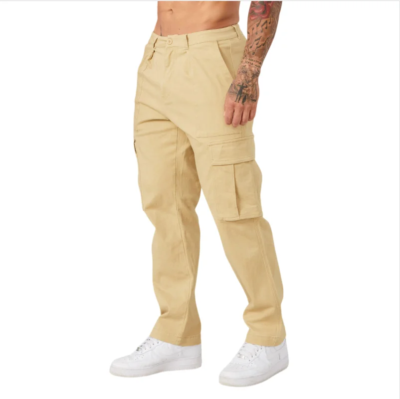 Men's American Functional Work Pants Large Pockets Pure Color Casual Sports Running Long Trousers Multi Pocket Cargo Pants