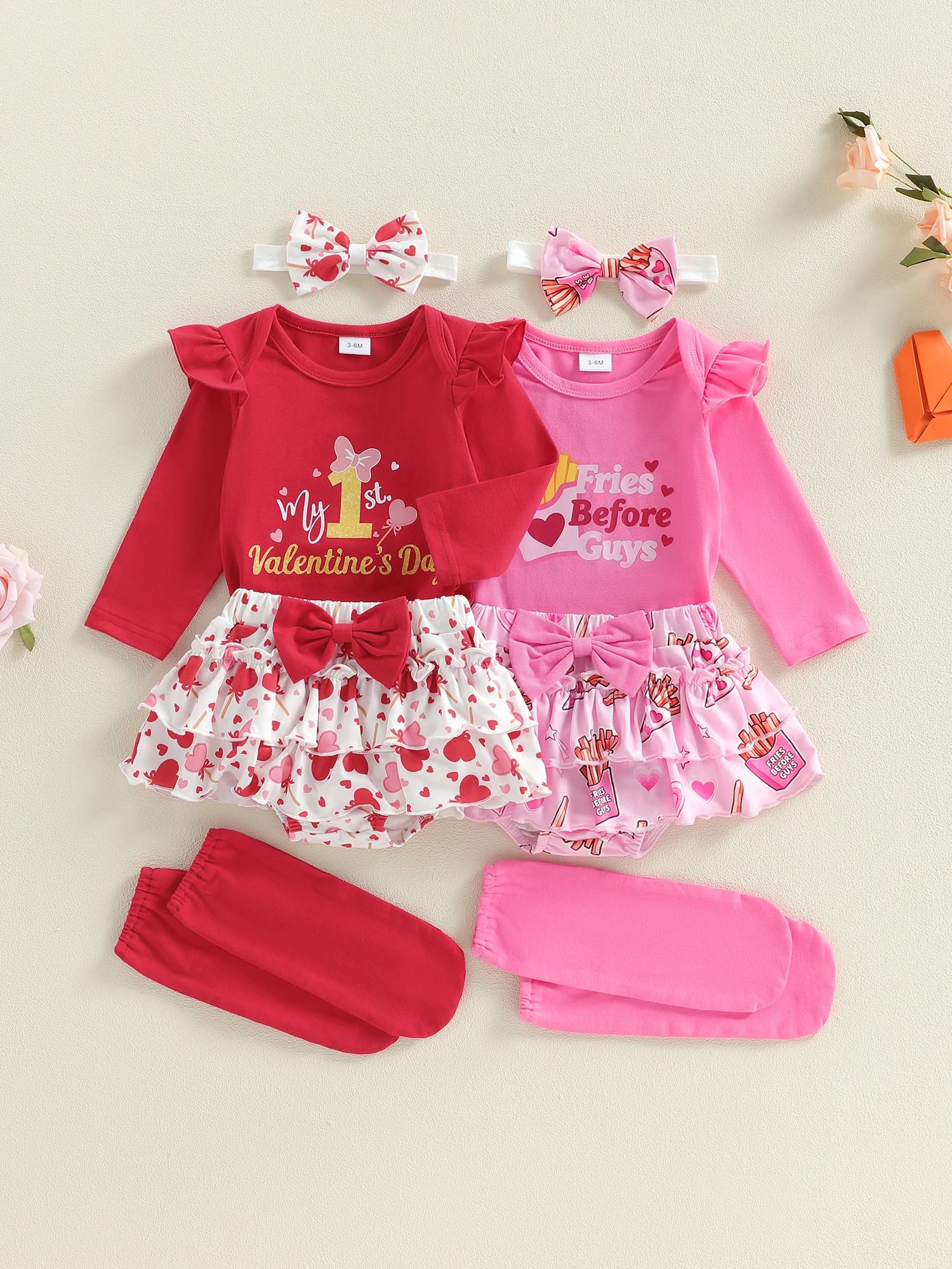 

Комплект одежды ко Дню святого Валентина для маленьких девочек: комбинезон с длинными рукавами, шорты с принтом в виде сердца, повязка на голову и гетры — очаровательные