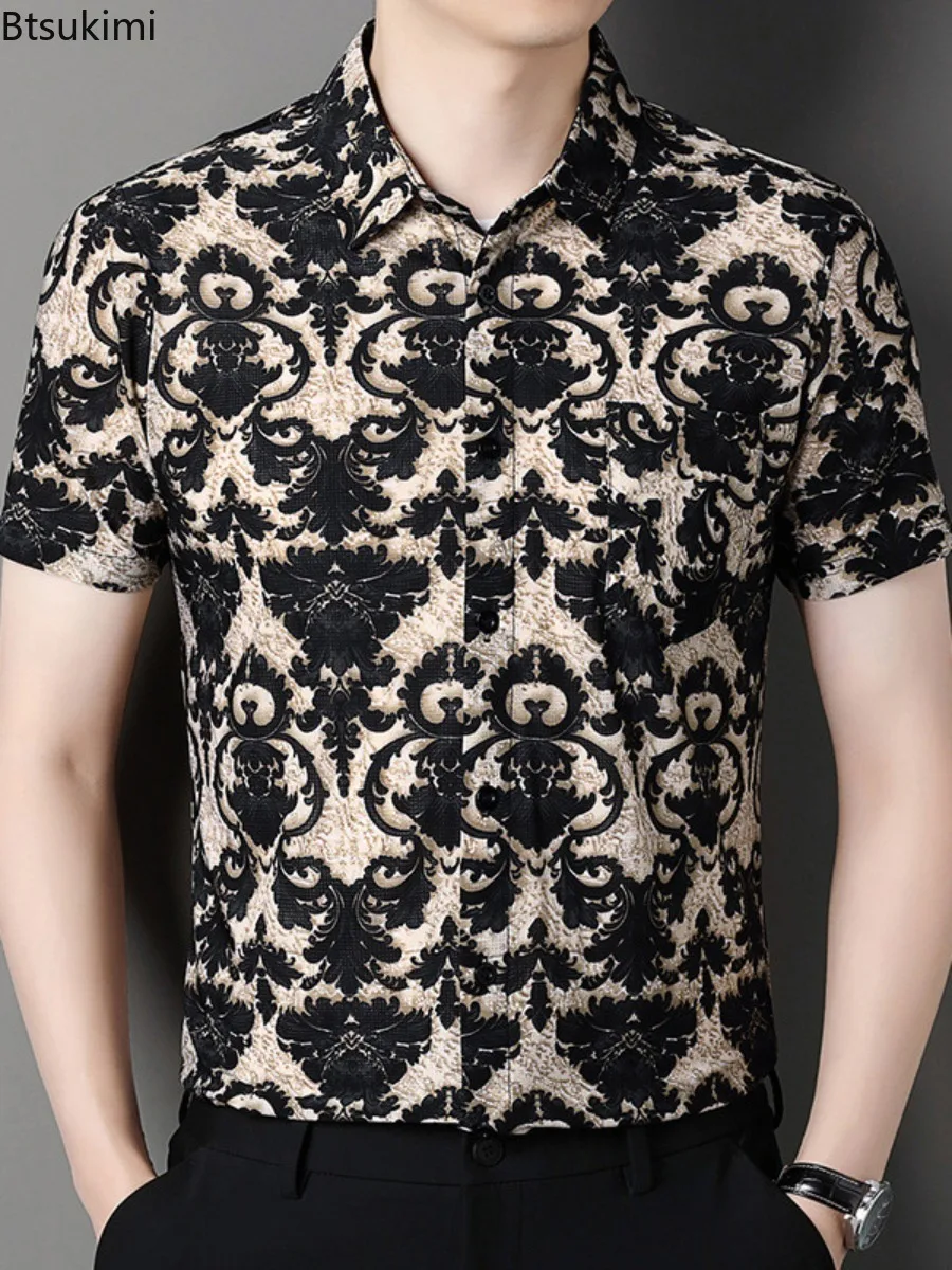 2025 Men's Ice Silk Casual Print Shirt Summer Loose Collar Short Sleeved Floral Shirt Fashion and Trendy Male Shirt with Pockets