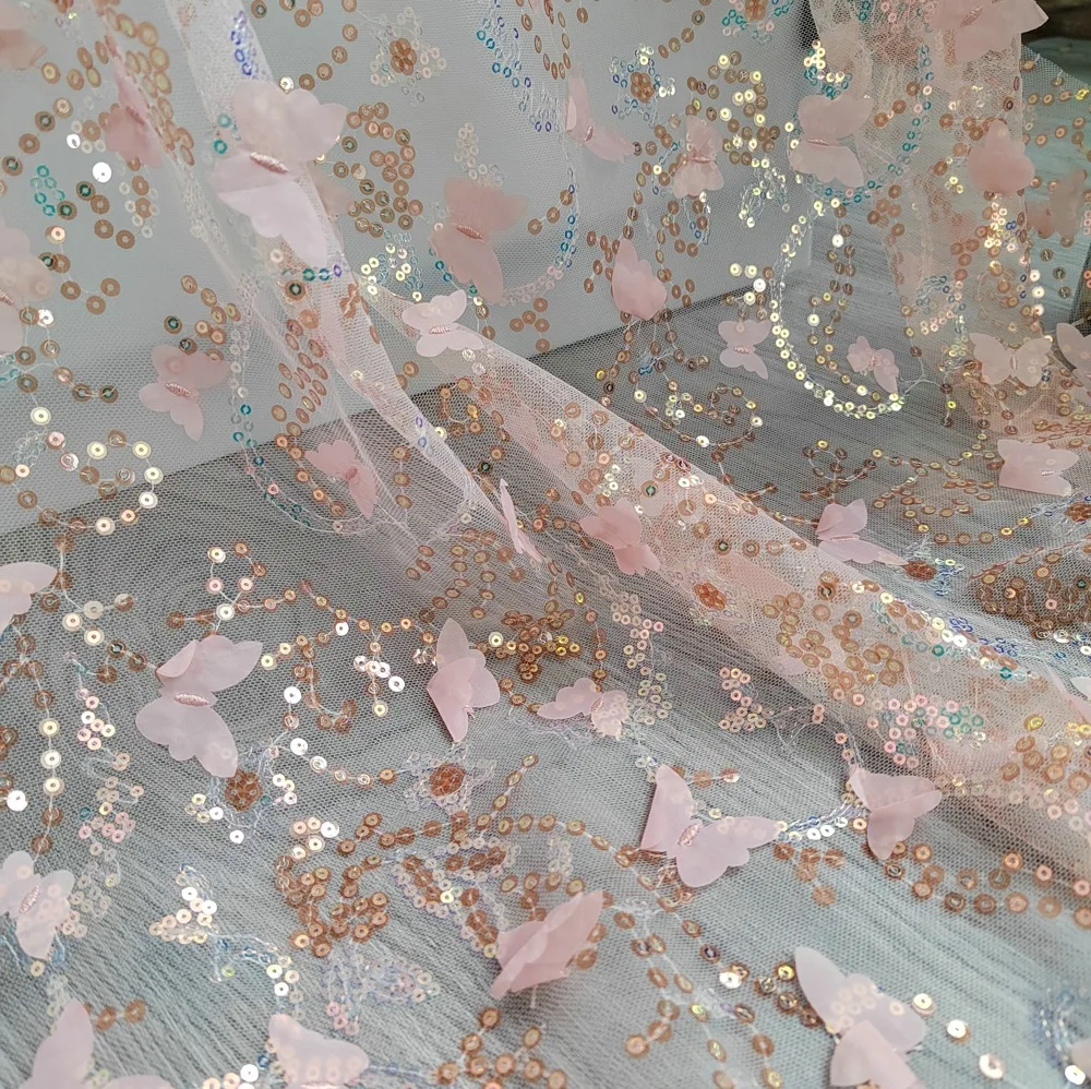 

3D вышитая бабочкой кружевная ткань с цветочными пайетками для свадебных платьев, вечерних платьев, детской одежды, дизайнерская ткань