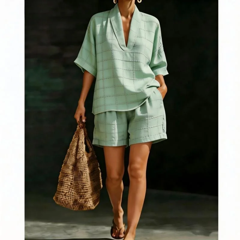 

Fashion Women's Two-piece Set 2026 Plaid Print Top Women's Summer Loose Casual Versatile V-neck Short Sleeve Shorts Suit