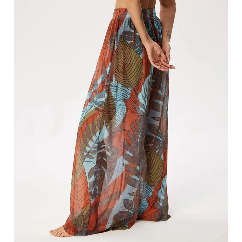 Chic Vintage พิมพ์กางเกงผู้หญิงชีฟอง Elastic High เอวกางเกงขากว้าง 2025 ใหม่ Spice Girl Beachwear บิกินี่ Cover Up