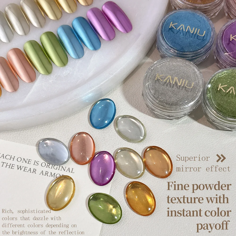 KANIU 1PCS 3X1.8CM Colored Mirror Powder Nail Gel Powder With Nail Art Cotton Swabs Nail Glitter Mirror Powder Magic Effect Dust