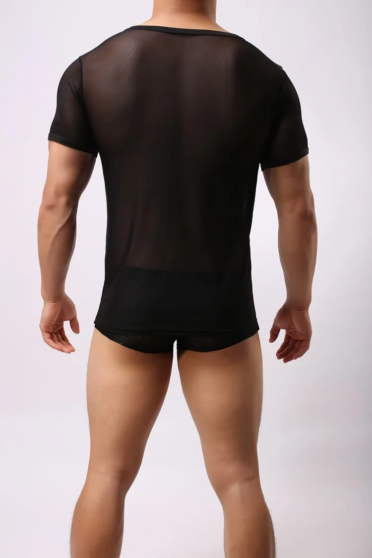 Body transparente de malha respirável masculino, blusa de manga curta, camiseta com gola redonda, lingerie de fundo solto, gay, sexy, meninos