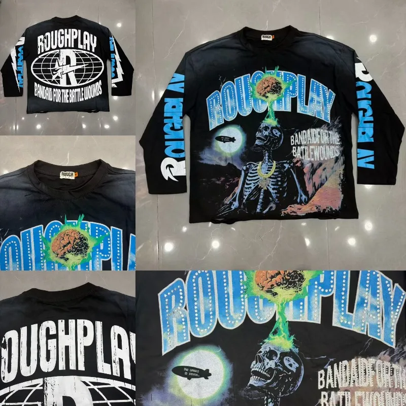 26SS High Quality New Men's Women's Rough Play T-Shirt Retro Washed Holey Trend Long Sleeve