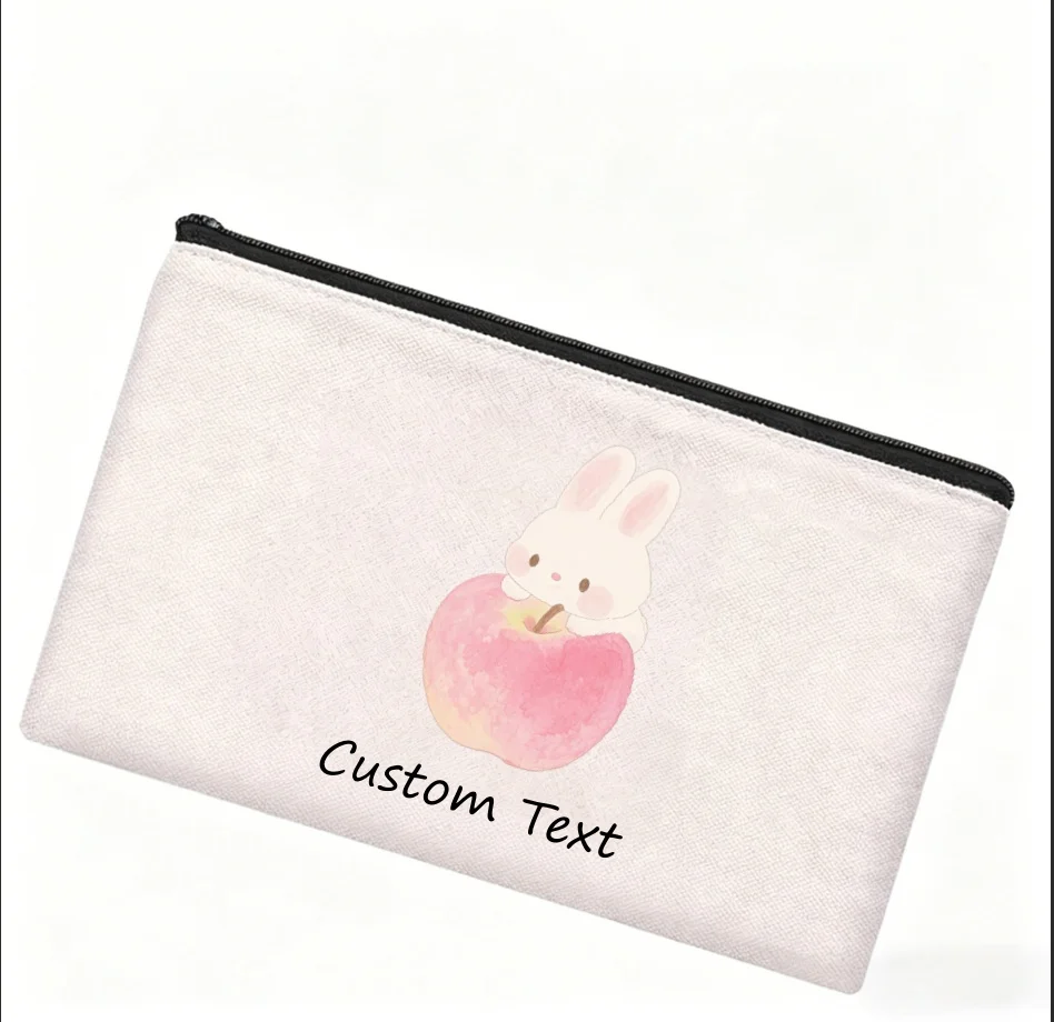 1PC Custom Text Cute Bunny On Pink Apple Cosmetic Bag Personalized Canvas Zipper Makeup Storage Pouch
