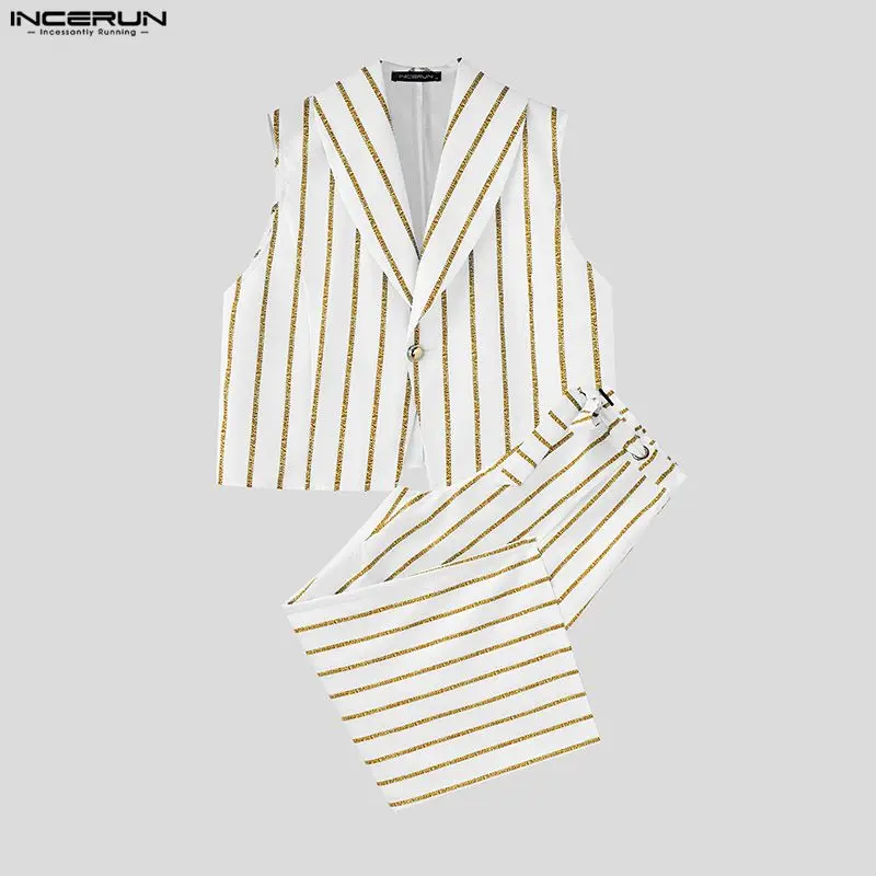

INCERUN Men's Sets Striped Sleeveless Vests Wide Leg Pants 2 Piece Sets Streetwear Fashion Casual Men Matching Sets Tracksuits