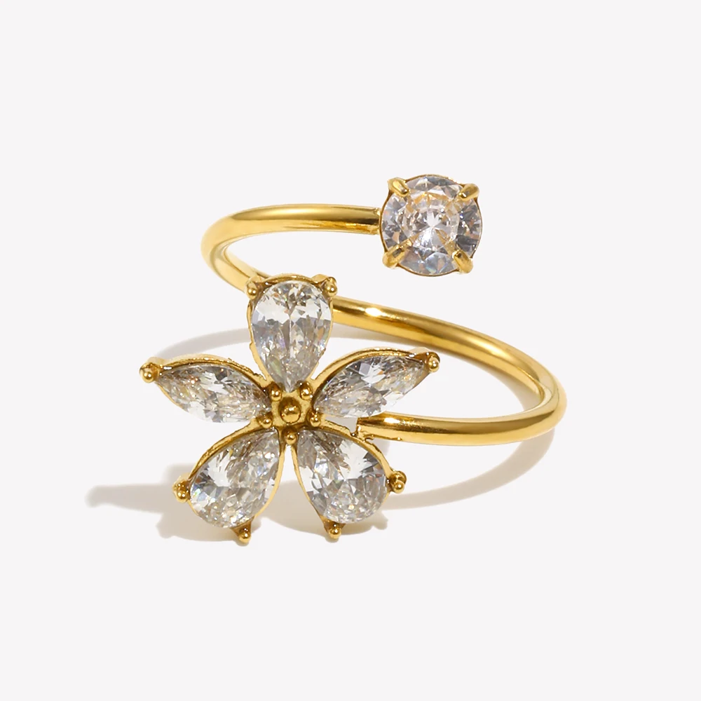 E.B.belle Elegant Style Double Layers Zircon  Flower Ring 18K Gold Plated Stainless Steel Women Open Finger Jewelry