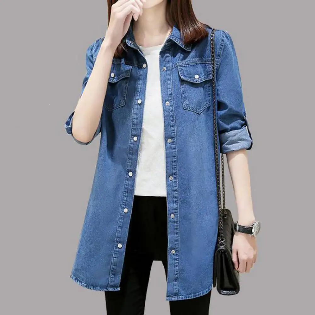

Удобная рубашка с длинным рукавом, стильная женская джинсовая рубашка, пальто с воротником с лацканами, свободный крой, карманы, модная повседневная одежда