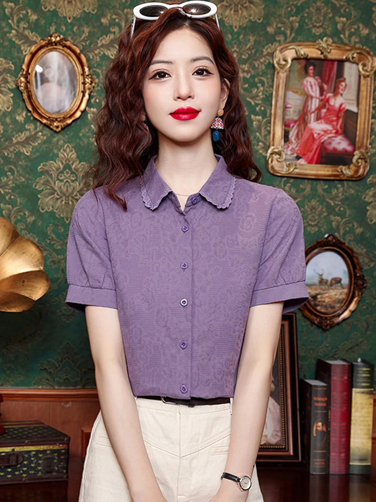 

Cotton Lace Collar ort Sve Women's irt Thin Summer Faion Multi-Button Base irt Korean Sle Loose Fit Commute Sle