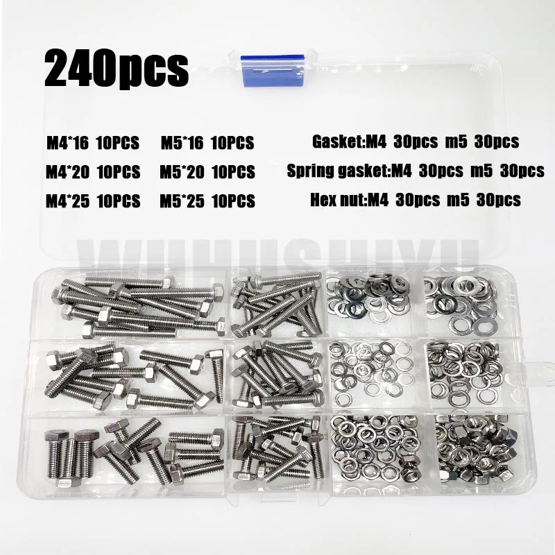 

240/480pcs Stainless Steel Hex Head Bolt and Nut Assortment Set - Full Thread Kit with M4 M5 Hexagonal Nuts, Washers for Various