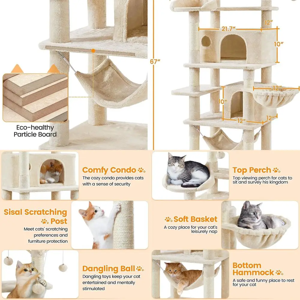 

Домашний деревообразный комплекс для кошек 67 с несколькими уровнями, стойками для когтеточков, большим домиком, гамаком, съемными игрушками-дразнилками, бежевый