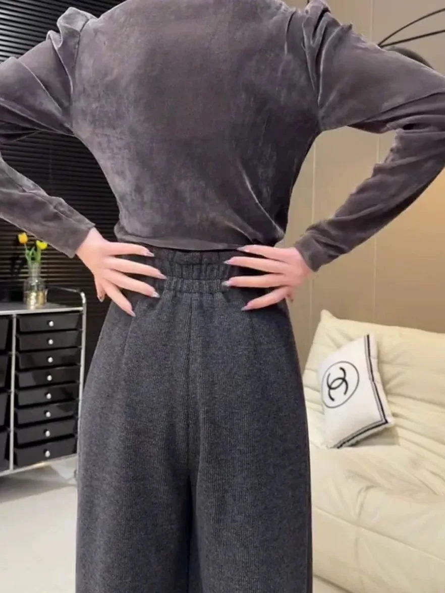 High Waist Fce Lined Wide Leg Pants Dra Straight Cut Slimming Effect Autumn Winter Casual Trousers for Women