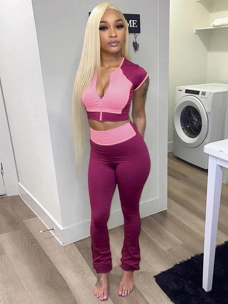 Insglas Casual Street 2 Piece Set Tracksuit Women Patchwork Shorts Sleeve Crop Tops+Leggings Matching Sporty Stretch Outfits