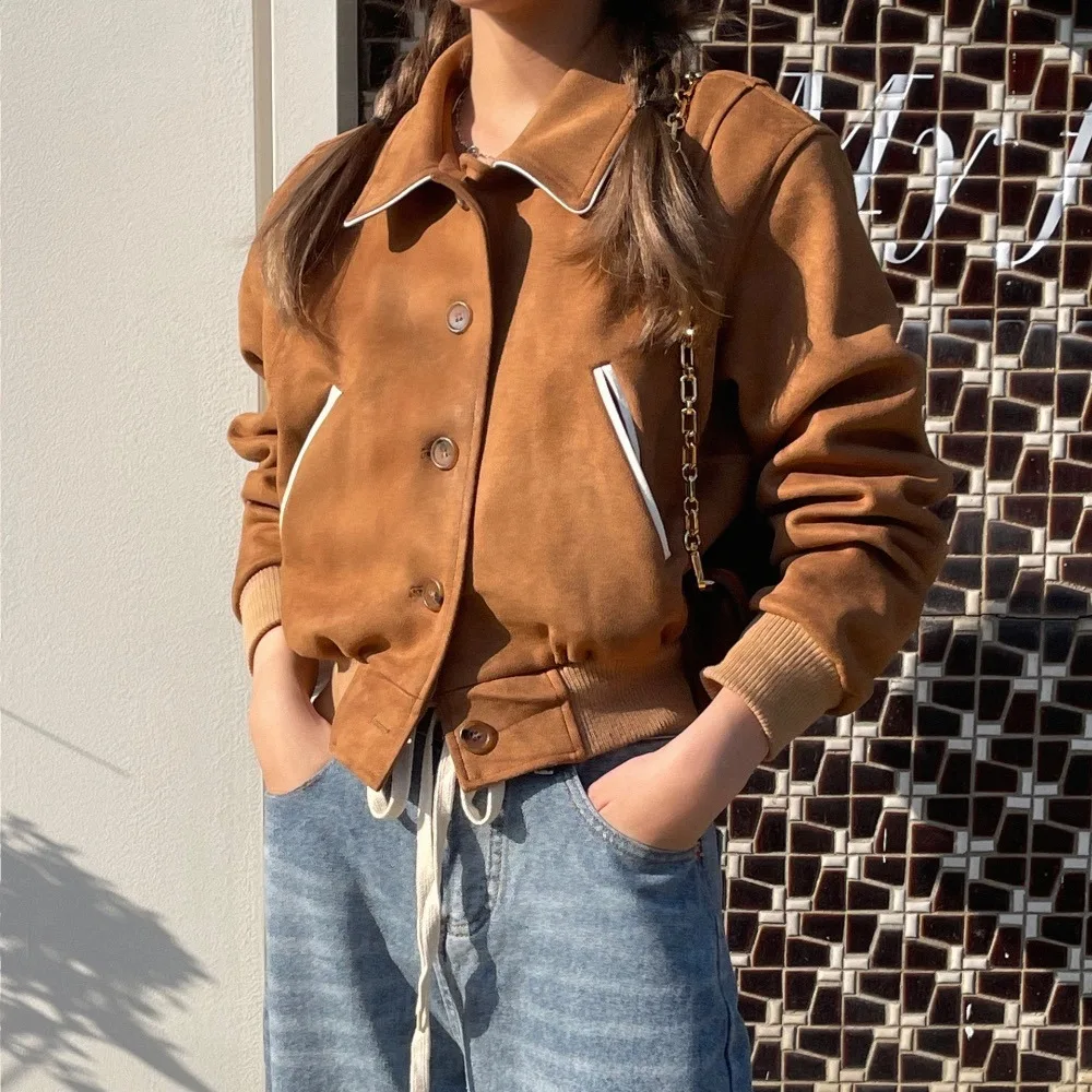 레트로 슬레 모터사이클 디자인 스플라이스드 코트 페이크 스웨이드 벨벳 여성용 아우터웨어 봄 가을 겨울 패션 한국