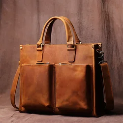 Crazy Horse Natural Genuine Leather Briefcase Shoulder Handbag Messenger Laptop Bag 14,15.4 Inch,Man Male Fashion Retro,Dropship