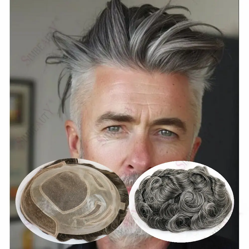 

Необнаружимый мужской парик Versalite, невидимый мягкий швейцарский кружевной передний и полиуретановый парик, мужской парик, система человеческих волос 1b40, серый протез старика