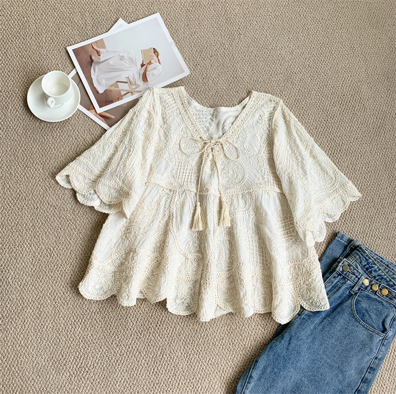 

2026 Bohemian Lace Crochet V- Neck Embroidered Tie-Up Charming Shirt Summer Half-Sleeve Tops