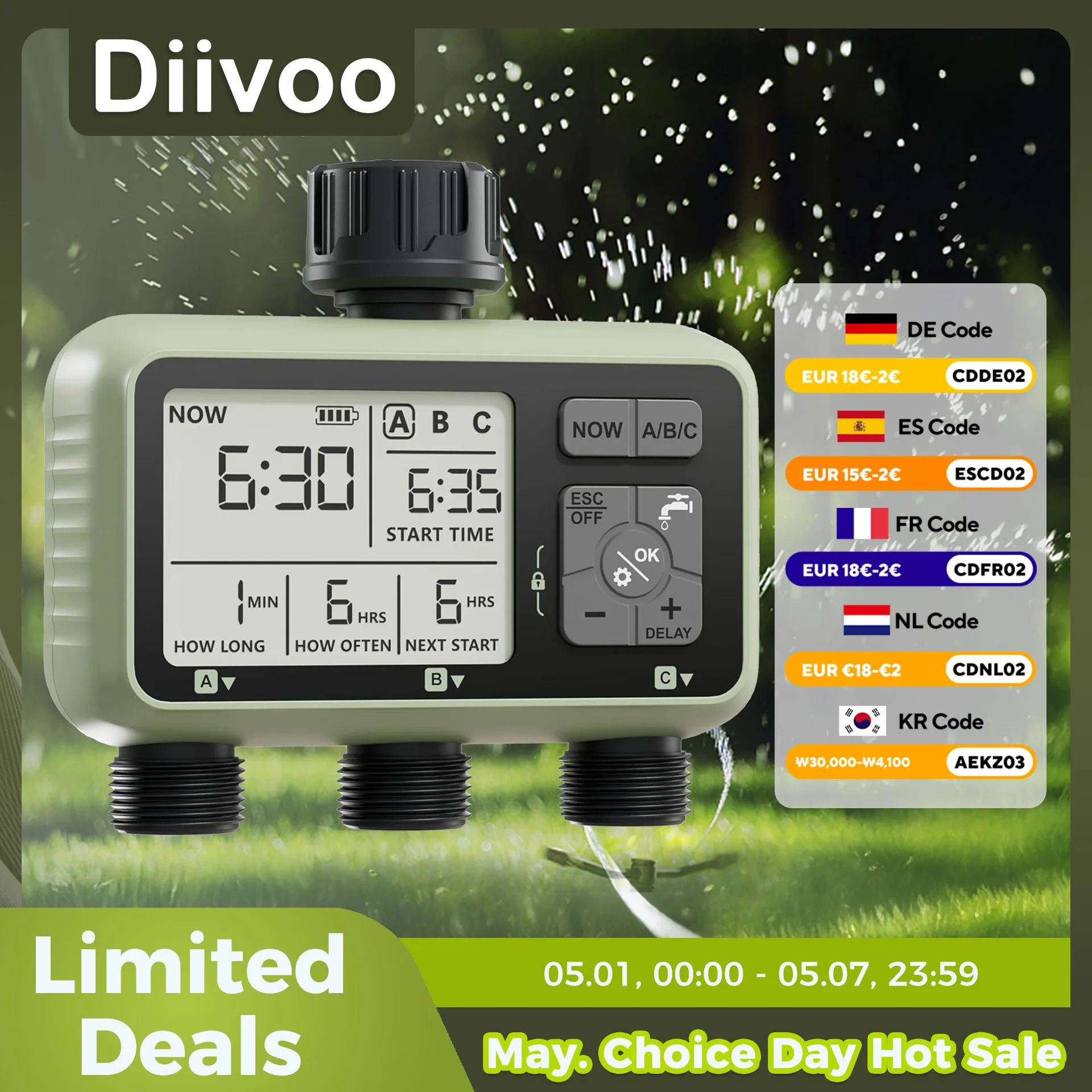 Diivoo Garden Water Timer 3 Zone Programmable Automatic Irrigation Timer with Rain Delay Manual/Auto Mode Watering for Lawn Yard