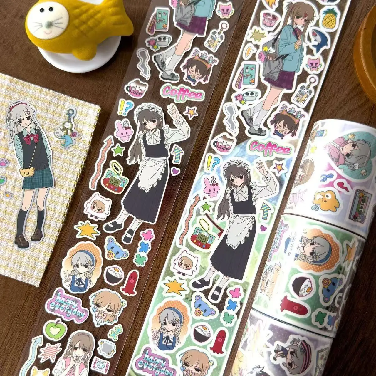 35cm Piece of Cut Sticker Girl Whispers Die-cut Pocket Tape Packaging Cute Campus Character Pocket Material Decorative Sticker
