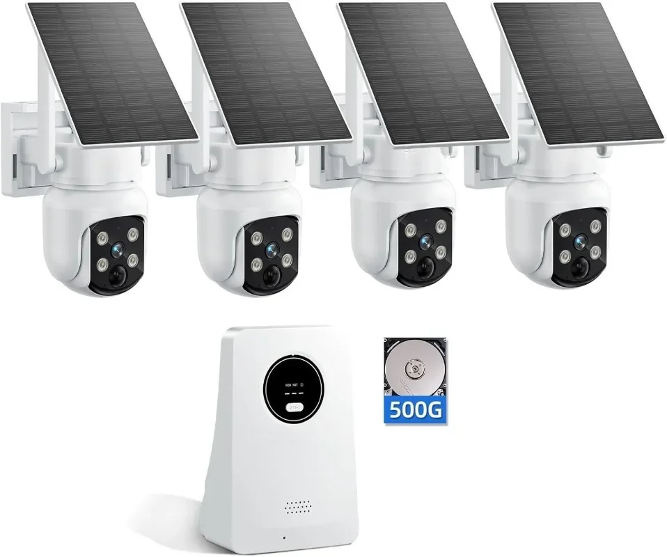 

Solar Security Cameras Wireless Outdoor, 4MP Solar Powered, 4 Cam kit, Color Night Vision, 360° PTZ, 500G HDD Local Recording, N