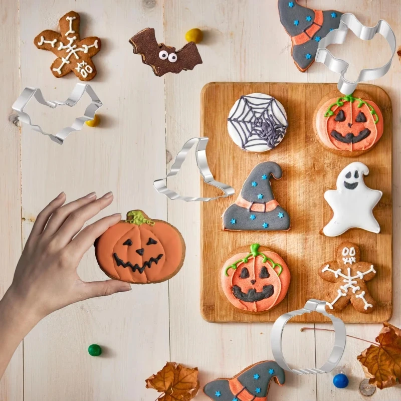 12pcs Cat Bat Pumpkin Ghost Halloween Cookie Cutters Shapes Easy To Clean And Demold DIY Biscuit Baking Mold Set For Party Home