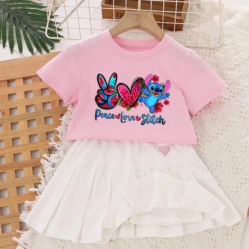 Lilo Stitch Girl Clothes Set 2pcs Pleated Skirt T Shirt Outfits Kawaii Cartoon Toddler Tops Mini Dress Kids Pink Tee Skirts Suit