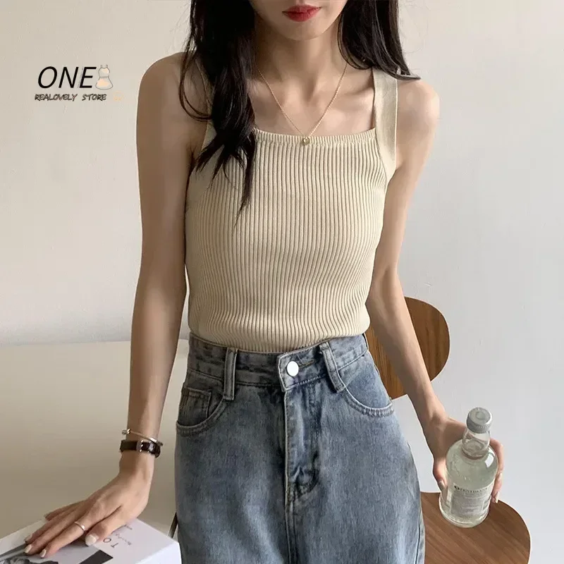 Women Solid Crop Tops Knit Straps Casual Tank Top Sleeveless Camis Square Collar Cute Plain Tops For Women Summer