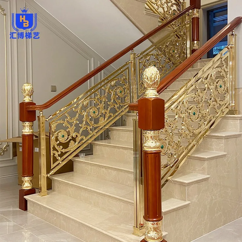 Villa aluminum alloy curved household stairs guardrail handrail rotating indoor European light luxury self-built house copper ar