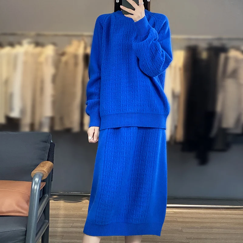 Autumn Winter New 100% Merino Wool Sweater Blue Long Sleeve Sweater Dress Set Woman Two Piece Outfit Basic Casual Daily Wear