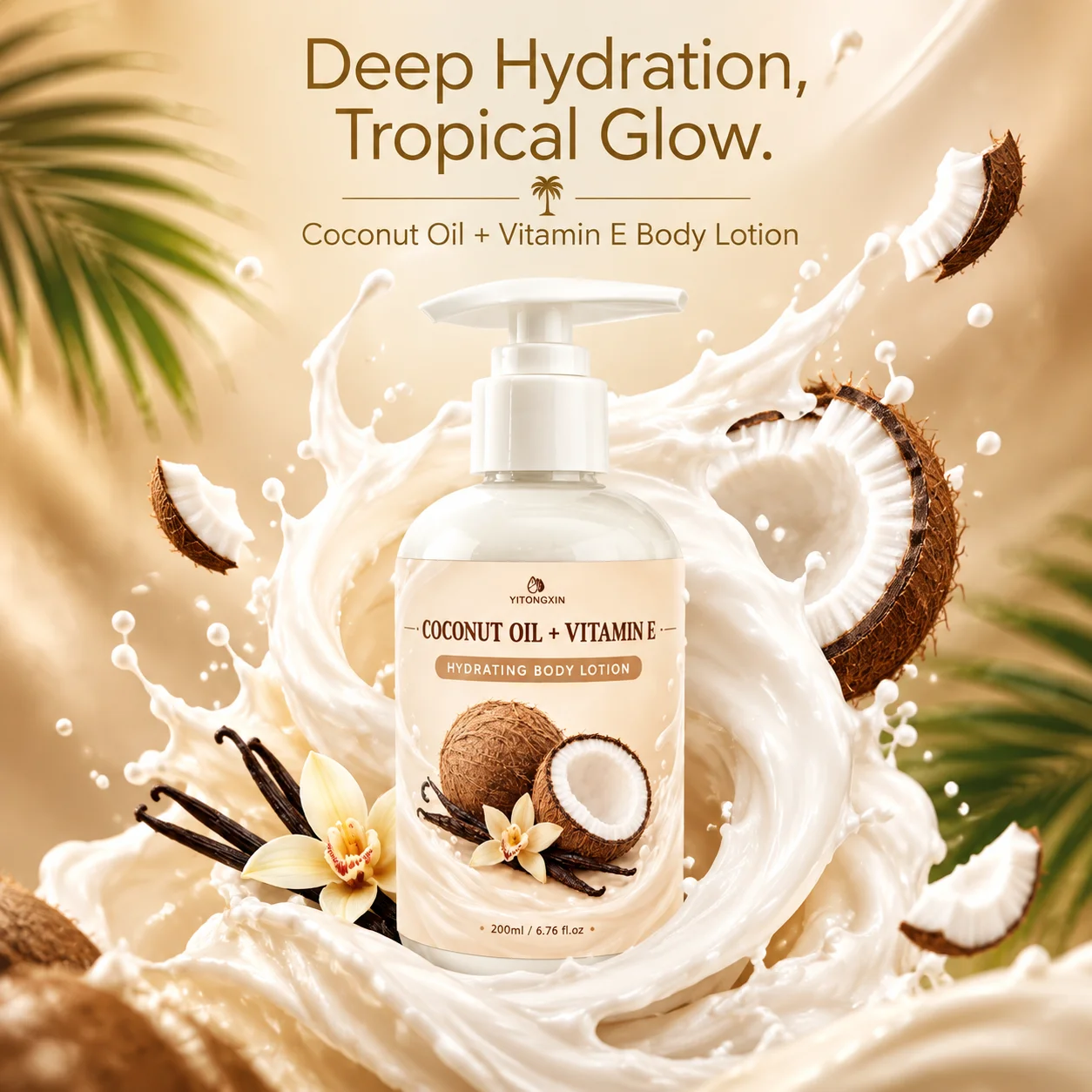 Coconut Oil Vitamin E Body Lotion, Daily Hydrating Moisturizer, Fast Absorbing, Non-Greasy, Coconut Vanilla Scent, 200ml