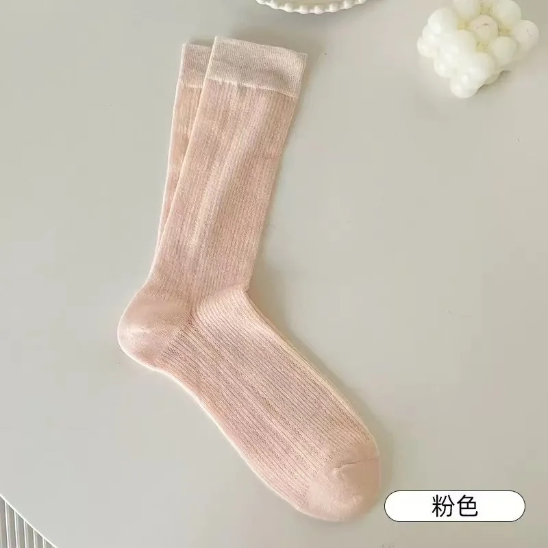 1Pair Women Thin Hollow Out Long Loose Socks JK Lolita Sweet Girls Japanese Solid Color Breathable Cotton Spring Summer Stocking image 5
