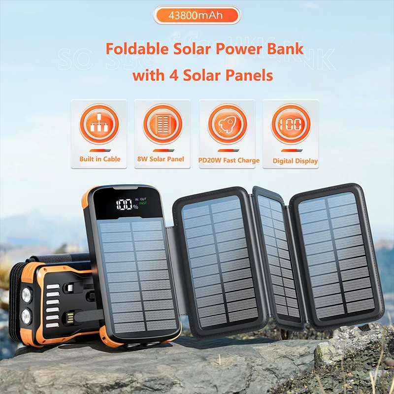 

Folding Solar Panel Power Bank 43800mAh Built in Cable PD 20W Fast Charger for iPhone 16 15 Samsung S24 Huawei Xiaomi Powerbank