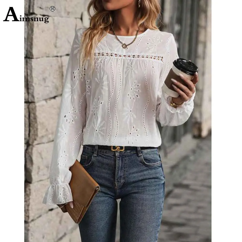 Women Elegant Lace Board Shirts New Summer Boho Flower Blouse Long Sleeve Basic Tops Ladies Shirt blusas Femmes Clothing 2025