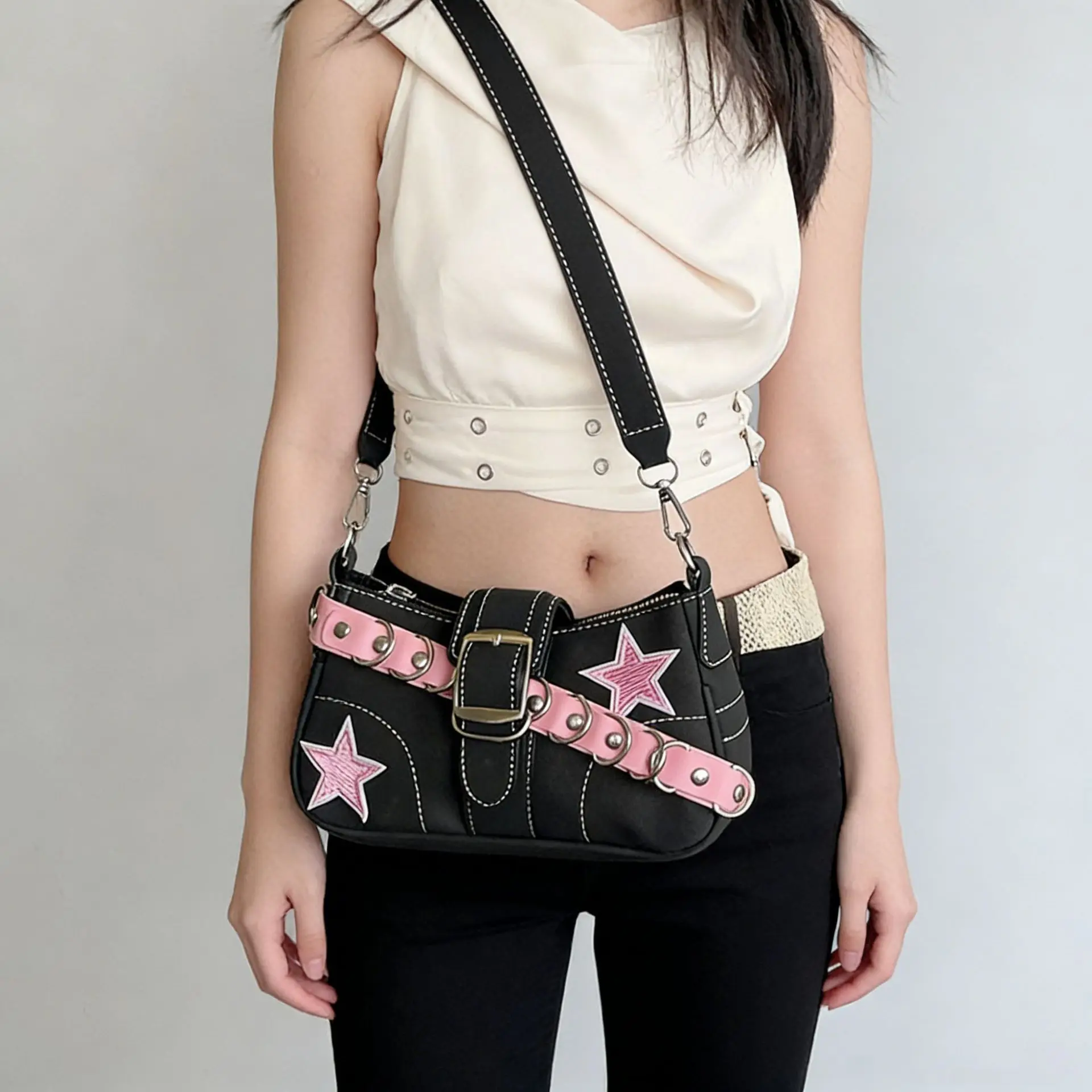 

2026 New Black Pink Canvas Shoulder Bags For Women Fashion Cool Y2K Girls Chain Small Handbags Party Underarm Shoulder Bag FEMME