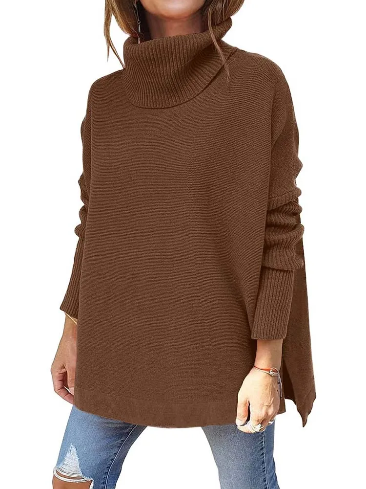 Autumn Winter Women Knitted Long Sweater Loose Oversized Turtleneck Batwing Sleeve Tunic Pullover Tops Jumpers