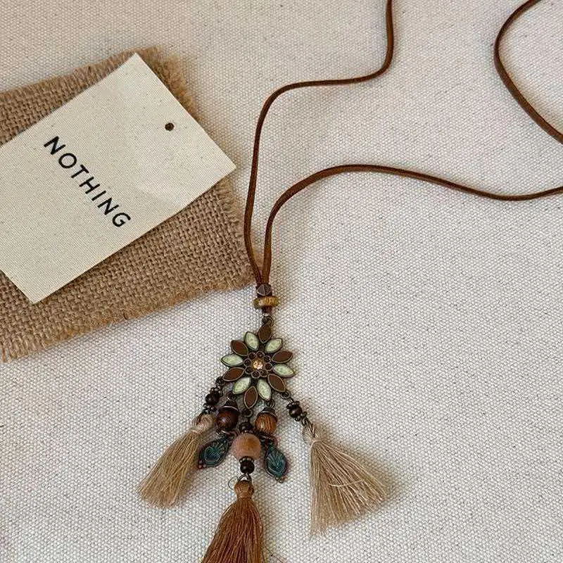 Böhmische lange Halskette mit Anhänger für Damen, runde, ovale Blatt-Perlenkette, Seilketten-Pulloverkette, geometrischer, trendiger Schmuck, Geschenkidee – Detail 12